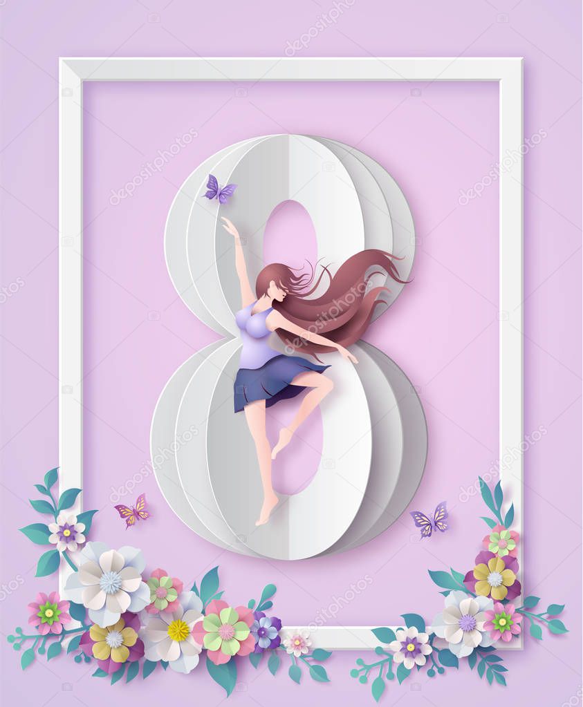 International Women's Day 8 march with frame of flower and leaves , Paper art style.