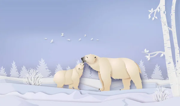 Зимние пейзажи дикой природы с белым медведем — стоковый вектор
