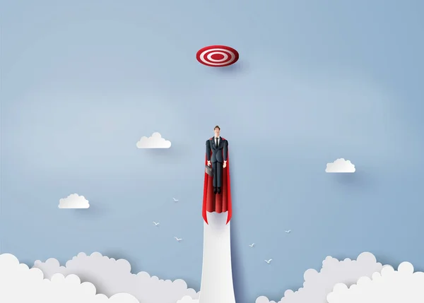 Super Homme Affaires Volant Sur Ciel Comme Super Héros Papier — Image vectorielle