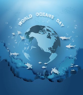 Okyanus ve deniz altında vahşi yaşamın bir tasviri, kağıt kesimi tarzı..