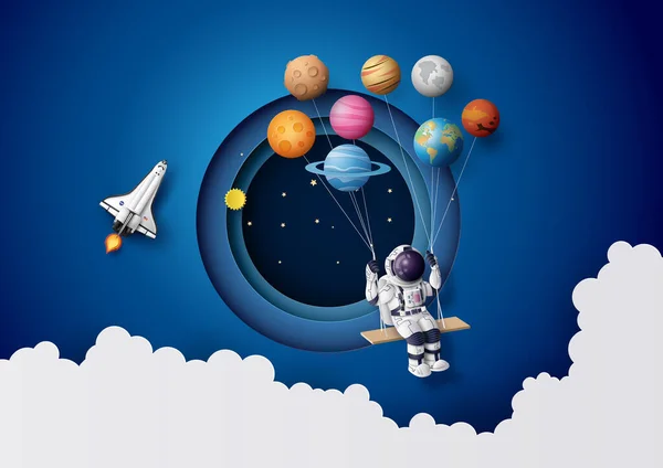 Astronot stratosferde yüzüyor. Kağıt sanatı ve zanaat stili.