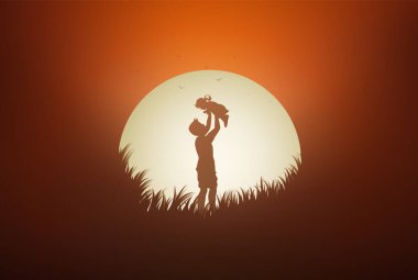 Babalar Günün kutlu olsun. Baba ve kızı gün batımıyla dışarıda oynuyorlar.