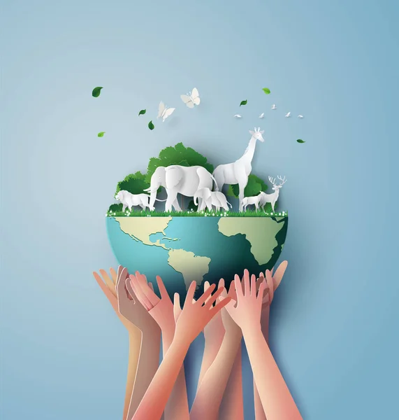 World Wildlife Day Animal Forest Paper Art — стоковий вектор