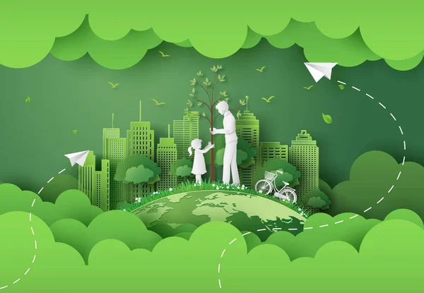 Ciudad Verde Con Mamá Niña Corte Papel Estilo Artesanal Digital — Vector de stock