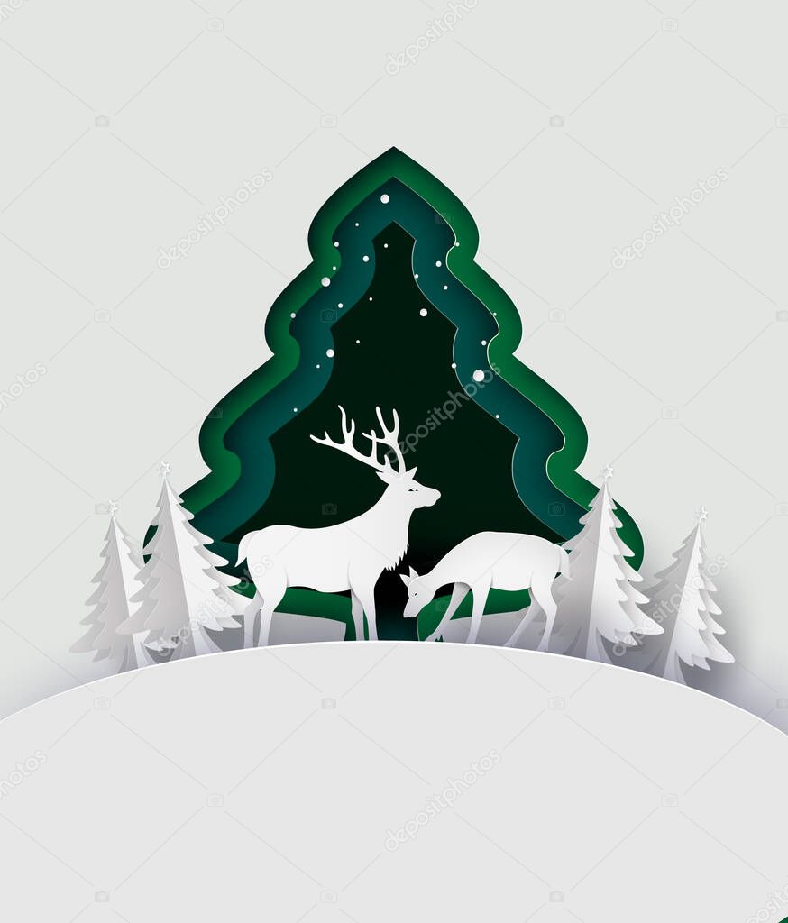 Deer in forest with snow ,vector paper art style.