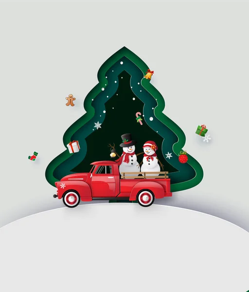 Arte Papel Feliz Natal Estação Inverno Com Caminhão Vermelho — Vetor de Stock