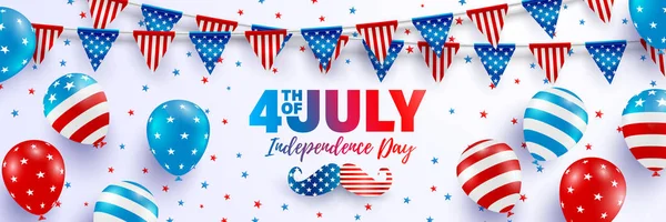 4 Temmuz poster şablonu. ABD Bağımsızlık günü kutlama balonları ve Amerikan üçgen bayrak çelenk ile. ABD 4 Temmuz promosyon reklam afiş şablonunun broşür, Poster veya başlık sayfası.