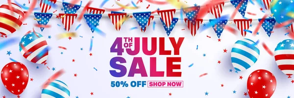 4 Temmuz Satılık poster şablonu. ABD Bağımsızlık günü kutlama Amerikan balon bayrak ile. ABD 4 Temmuz satış promosyon reklam afiş şablonunun broşür, Poster veya başlık sayfası