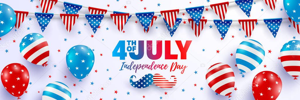 4th of July poster template.USA independence day celebration with balloons and garland of american triangle flag.USA 4th of July promotion advertising banner template for Brochures,Poster or Banner.