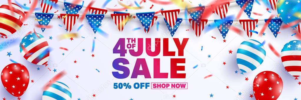 4th of July Sale poster template.USA independence day celebration with American balloons flag.USA 4th of July sale promotion advertising banner template for Brochures,Poster or Banner