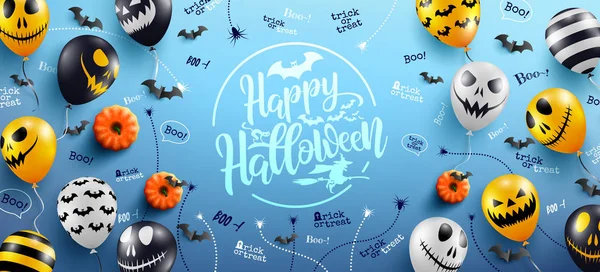 Mutlu Cadılar Bayramı Cadılar Bayramı hayalet Balloons.Scary hava balonları ile mavi arka plan üzerinde yazı. Web sitesi ürkütücü, arka plan veya afiş Cadılar Bayramı şablonu. Vektör çizim Eps10