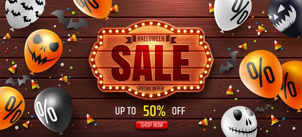Cadılar Bayramı satış promosyon Poster vintage ahşap tahta üzerinde Halloween satış metin ve dize ışıkla. Ahşap arka plan üzerinde korkunç hava balonu. Web sitesi ürkütücü veya banner şablon. Vektör çizim Eps10