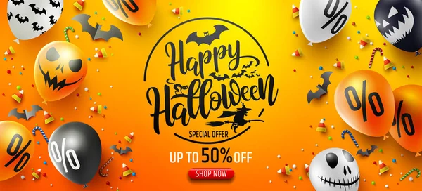 Halloween Försäljning Marknadsföring Affisch Med Halloween Godis Och Halloween Ghost — Stock vektor