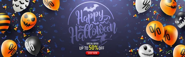 Cadılar Bayramı satış promosyon Poster Cadılar Bayramı şekeri ve Cadılar Bayramı hayalet Balloons.Scary hava balonları ile. Web sitesi ürkütücü veya banner şablon. Vektör çizim Eps10
