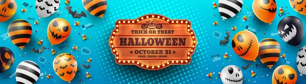 Bunte Fröhliche Halloween Trick Oder Behandeln Auf Blauem Hintergrund Mit — Stockvektor