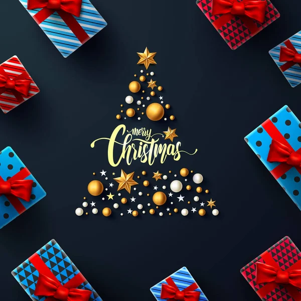 Noel ve yeni yıl siyah Poster hediye kutusu ve Noel dekorasyon elemanları ile perakende, alışveriş ya da Noel promosyon için altın ve siyah stil. Vektör çizim Eps10