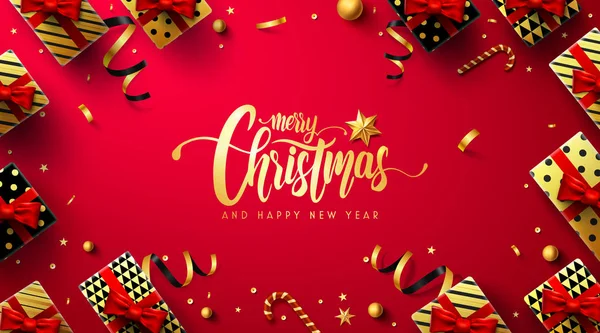 Frohe Weihnachten Und Neujahr Rotes Poster Mit Geschenkbox Und Weihnachtsdekorationselementen — Stockvektor