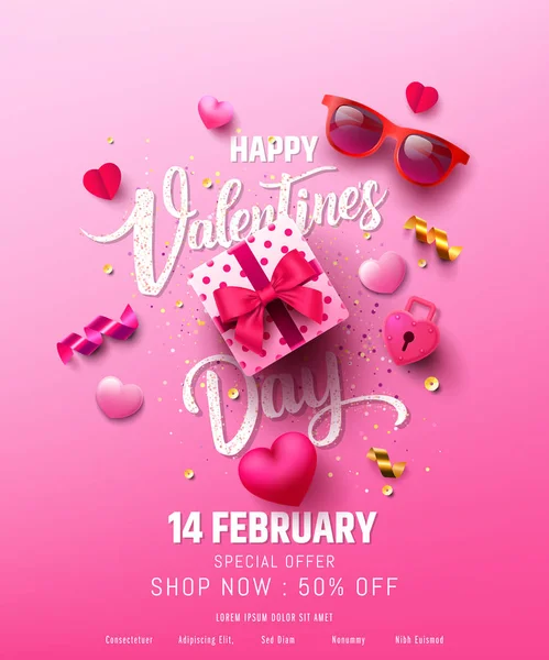 Venta San Valentín Cartel Pancarta Con Regalo Dulce Corazón Dulce — Vector de stock