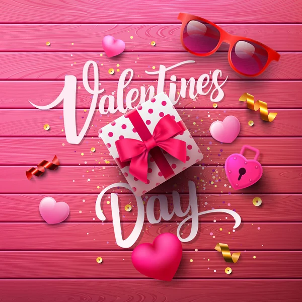 甘い贈り物 スウィート ハート ピンク ウッドの背景に素敵なアイテムとバレンタインのポスター プロモーションとショッピング テンプレートや愛 バレンタインの日の概念の背景 ベクトル Eps10 — ストックベクタ
