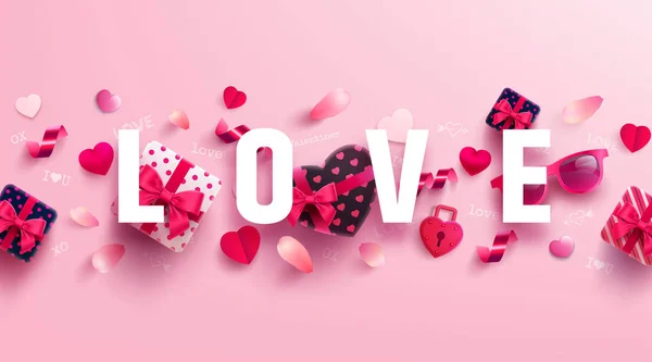 甘い贈り物 甘い心とピンクの背景に素敵なアイテムとバレンタインデーと愛のバナー 愛とバレンタインデーの概念のためのプロモーションやショッピングテンプレートや背景 ベクトル Eps10 — ストックベクタ