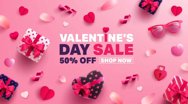 Venta San Valentín Cartel Pancarta Con Regalo Dulce Corazón Dulce — Vector de stock