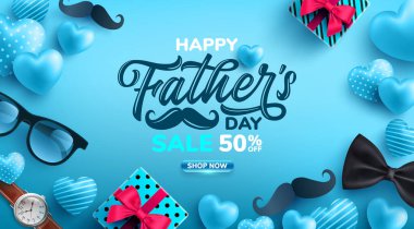 Babalar Günü için Babalar Günü indirimi, Gözlük, Boyunbağı, Saat ve Hediyeler afişi. Babalar Günü için tebrik ve hediyeler. Sevgi dolu baba konsepti için promosyon ve alışveriş şablonu.