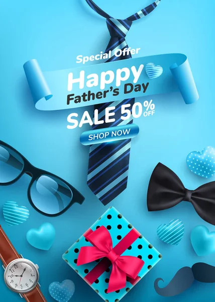 Día Del Padre Venta Cartel Con Flatlay Gafas Corbata Reloj — Vector de stock