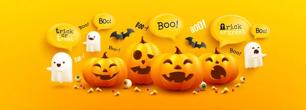 Cartaz Halloween Feliz Modelo Banner Com Abóbora Halloween Bonito Fantasmas —  Vetores de Stock