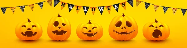 Happy Halloween Poster Banner Template Cute Halloween Pumpkin Buntings Yellow Stock Illustration
