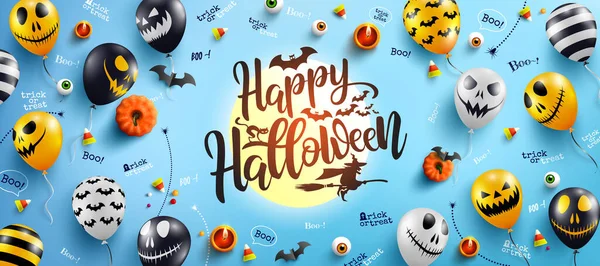 Happy Halloween Lettering Blue Background Halloween Ghost Balloons Scary Air Royalty Free Stock Vektory