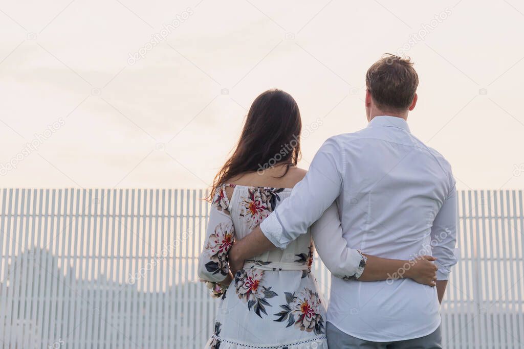 Young happy Interracial couple with happy moment in vacation time.