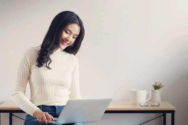 Young Happy Asian Women Working Her Laptop Home Office — Stock Photo, Image