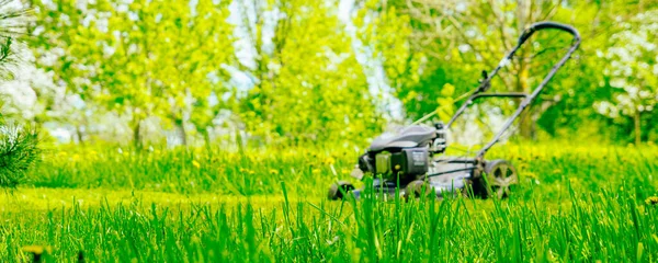 庭の緑の芝生の上のガソリン芝生の芝刈り機 — ストック写真