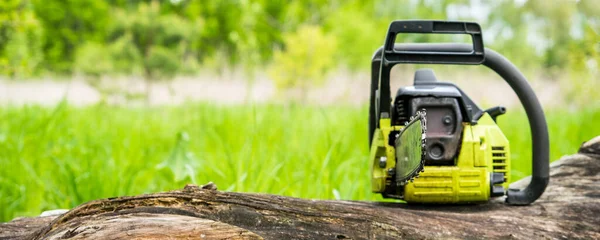Kütüğün üzerinde yeşil testere. Ahşap endüstrisi ya da odun toplama kavramı