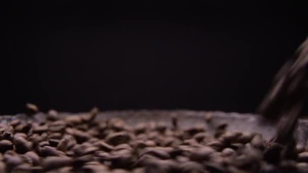 咖啡豆落在一个旧金属钎子上.慢动作，关门 — 图库视频影像