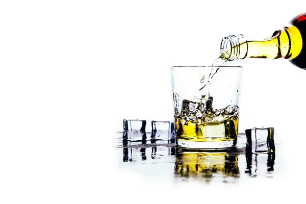 Whiskey Pours Bottle Glass Light Background — Stock Photo, Image