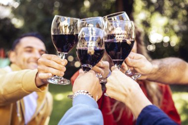 Bir grup yakın arkadaş samimi ve mutlu bir anı paylaşıyor. Güzel bir bahçe ortamında, açık hava akşam yemeği sırasında birlikte gülüyor ve kırmızı şarap içiyorlar..