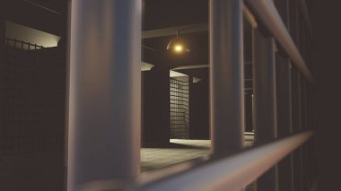 3 boyutlu görüntüleme. 3D iç hapishane koridoru hapishane illüstrasyonu