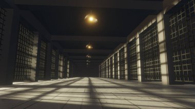 3 boyutlu görüntüleme. 3D iç hapishane koridoru hapishane illüstrasyonu