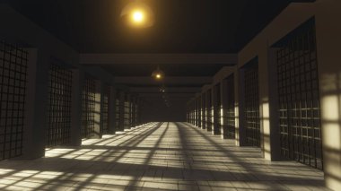 3 boyutlu görüntüleme. 3D iç hapishane koridoru hapishane illüstrasyonu