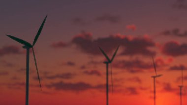 Rüzgar türbinleri tarafından üretilen güç. Denizde rüzgar türbinleri. Kıyıdan uzak yel değirmeni parkı. 3d resimleme