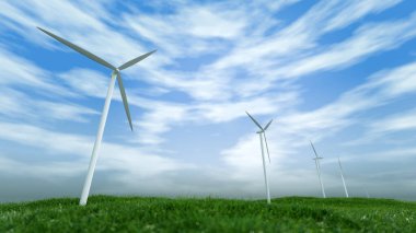 Rüzgar türbinleri tarafından üretilen güç. Denizde rüzgar türbinleri. Kıyıdan uzak yel değirmeni parkı. 3d resimleme