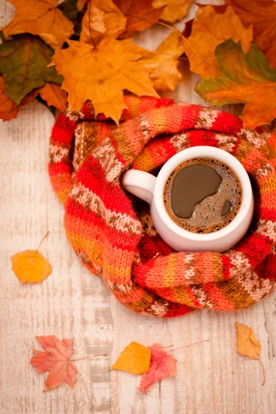 Podzim Procházky Parku Šálek Kávy Šála Stůl Pokrytý Barevné Listí — Stock fotografie