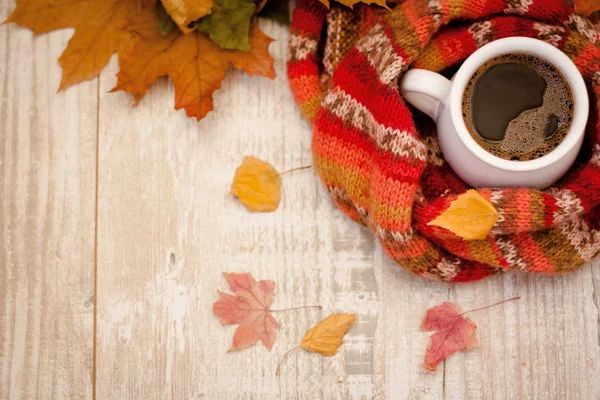Podzim Procházky Parku Šálek Kávy Šála Stůl Pokrytý Barevné Listí — Stock fotografie