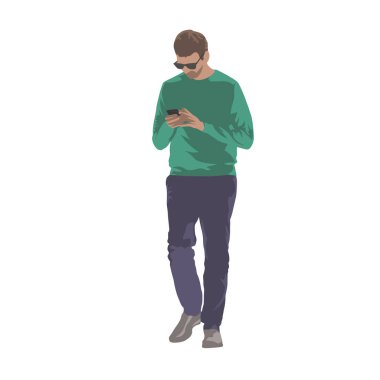 Cep telefonu el ve manifatura ile yürüyen adam. İzole vektör çizim