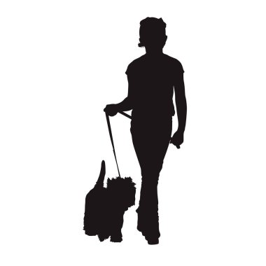 Çocuk yürüme köpek, izole vektör siluet, önden görünüm