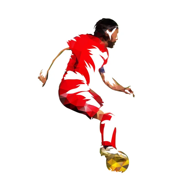 Jugador Fútbol Jersey Rojo Con Pelota Ilustración Vector Poli Bajo — Vector de stock