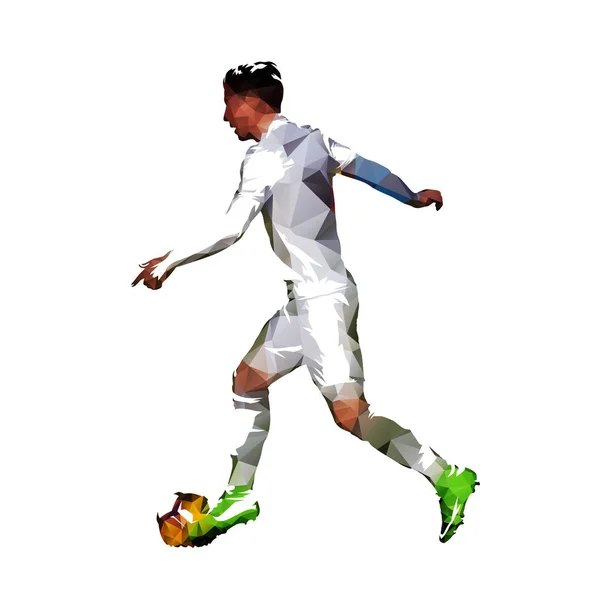 Jogador Futebol Europeu Camisa Branca Correndo Com Bola Baixo Poli —  Vetores de Stock