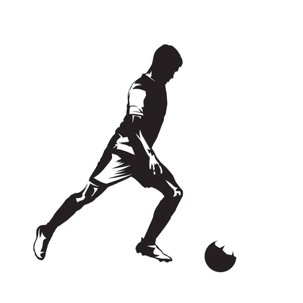 Jogador Futebol Chutando Bola Silhueta Vetorial Isolado Desenho Tinta Vista — Vetor de Stock