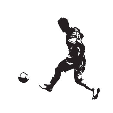 Topu, izole vektör slhouette tekmeleme futbolcu. Topu ile çalışan Fooballer. Futbol, takım sporu